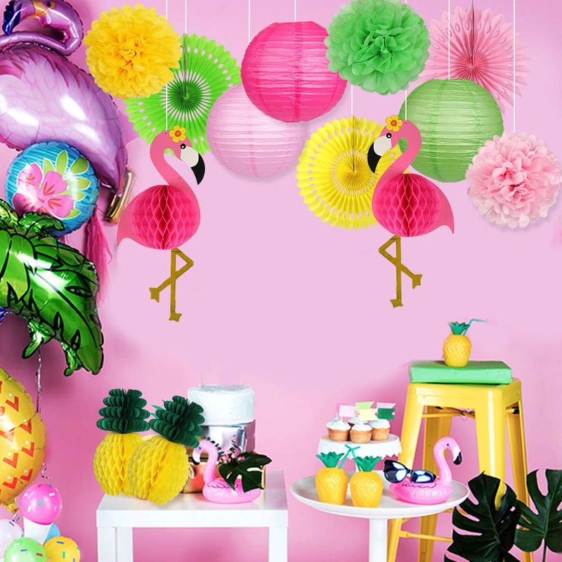 YUNXUAN Flamingo Party Supplies, Hawaiian Party Decorations Flamingo and Pineapple Honeycomb Ball Paper Lanterns Paper Fans Pom poms Flowers for Birthday Luau Tropical Bachelorette Party - Image 5